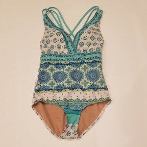 Cabana Life Turquoise and White Print One Piece Swim Suit with  Low back
